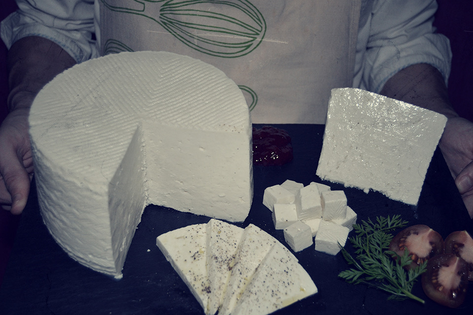 Queso fresco en rueda con cuñas y dados, con eneldo y tomate